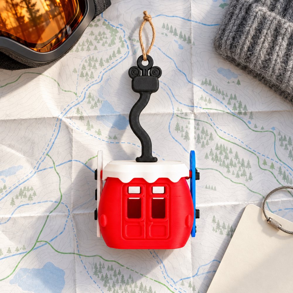 Red gondola ornament on a paper ski trail map beside amber goggles, a grey beanie and a blank lift ticket