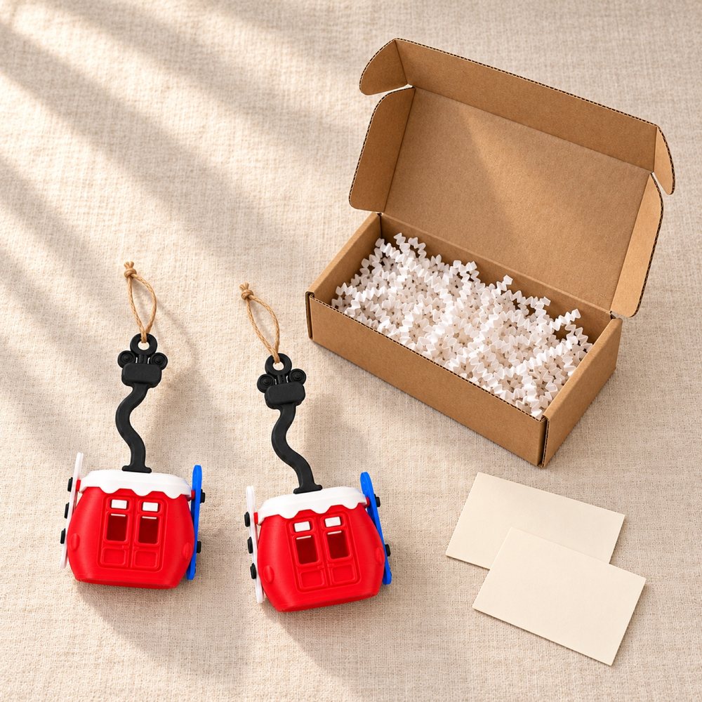 Two red gondola ornaments beside one open kraft mailer box